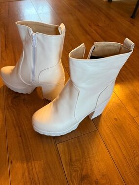 White Chunky Platform Ankle Boots with Side Zip